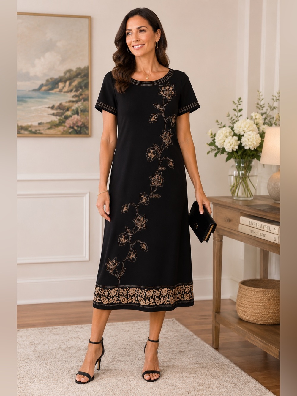 Dana Buchman Embroidered Black Maxi Dress Silk Blend Floral Midi 6